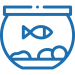 Simple line drawing of a fish swimming in a fishbowl with stones at the bottom.