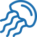Blue icon of a jellyfish with a round body and trailing tentacles on a transparent background.